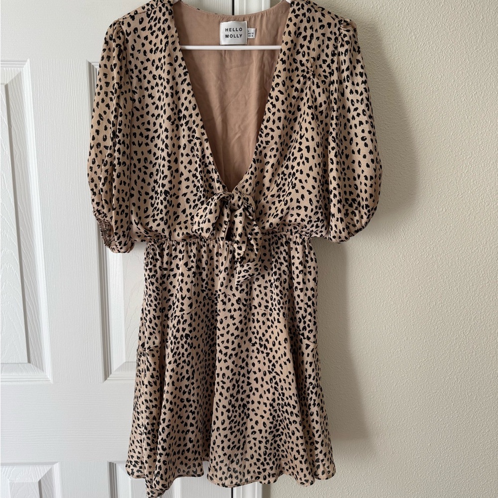 Hello Molly Beige and Black Leopard Print Tie-Front Dress